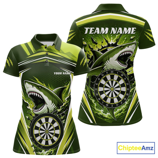 Custom Green Shark With Broken Dartboard Darts Team Polo Shirt For Women, Darts League Shirt IPHW11737