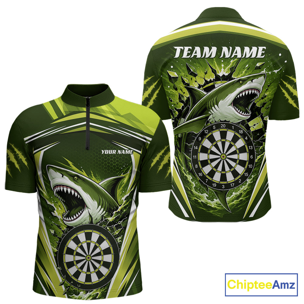 Custom short-sleeve darts quarter-zip shirt shown from the front and back, featuring a green and black shark graphic with a dartboard motif