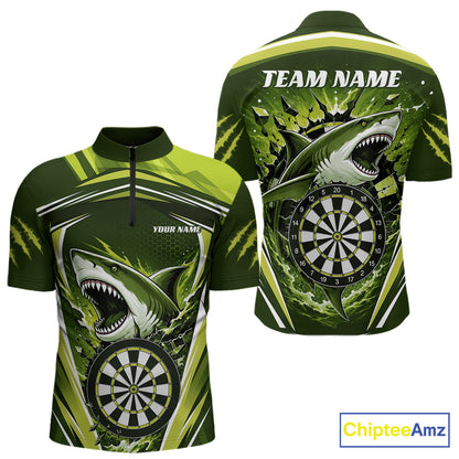 Custom short-sleeve darts quarter-zip shirt shown from the front and back, featuring a green and black shark graphic with a dartboard motif
