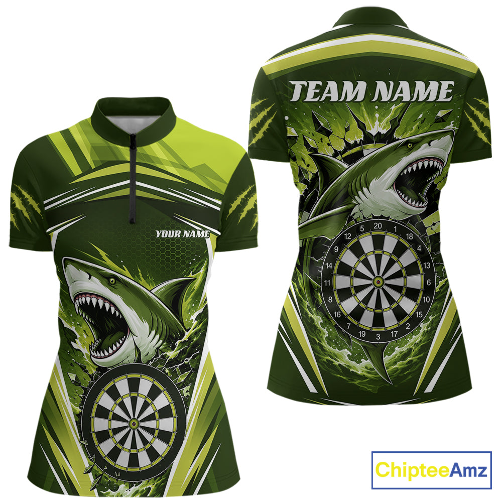 Front and back views of a women's short-sleeve darts quarter zip shirt featuring a green and lime yellow shark and dartboard graphic print
