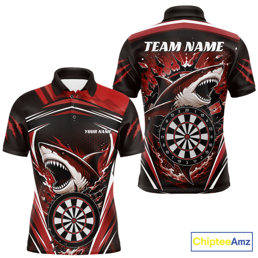 Customizable short-sleeve polo shirt shown from both front and back, featuring a bold red, black, and white shark graphic design with a dartboard motif and placeholder text 'TEAM NAME' and 'YOUR NAME'.