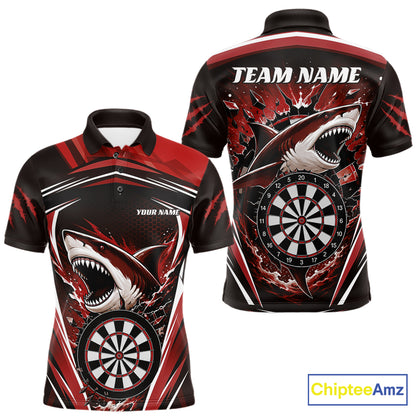 Customizable short-sleeve polo shirt shown from both front and back, featuring a bold red, black, and white shark graphic design with a dartboard motif and placeholder text 'TEAM NAME' and 'YOUR NAME'.
