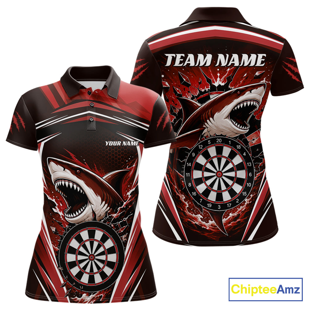A women's short-sleeve polo shirt shown from the front and back, featuring a bold red, black, and white shark and dartboard graphic print. 