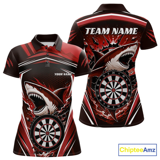 Custom Red Shark With Broken Dartboard Darts Team Polo Shirt For Women, Darts League Shirt IPHW11738