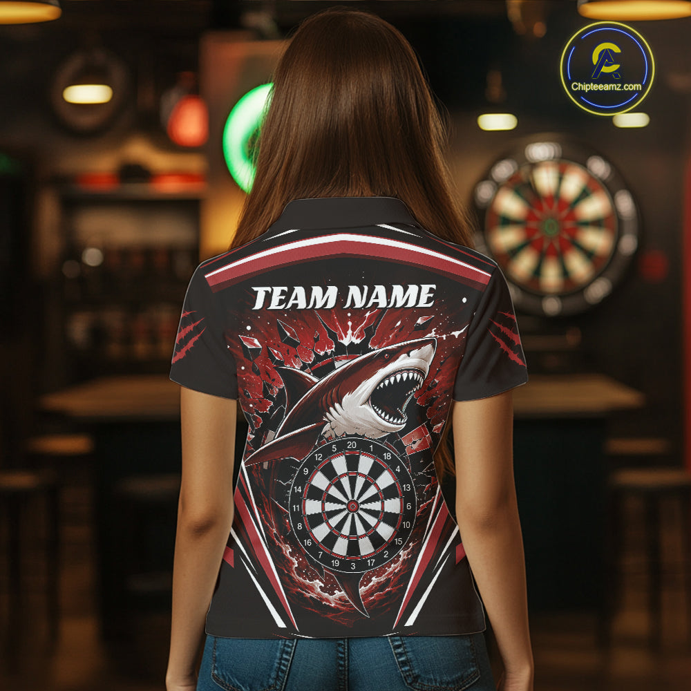 A woman viewed from behind wearing a custom short-sleeve polo shirt with a large shark and dartboard graphic on the back
