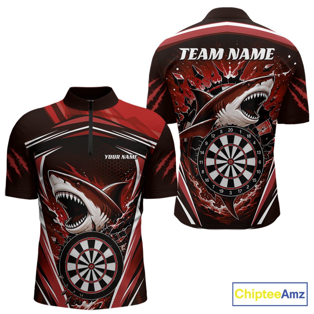Custom darts short-sleeve quarter-zip performance shirt shown from the front and back, featuring a red and black shark graphic with a dartboard design and customizable text placeholders.