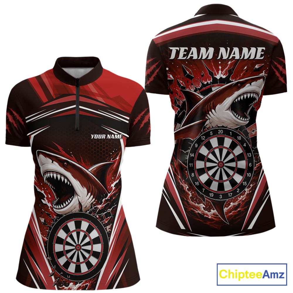 Front and back views of a darts short-sleeve quarter zip shirt with a shark and dartboard graphic print in red, black, and white. 