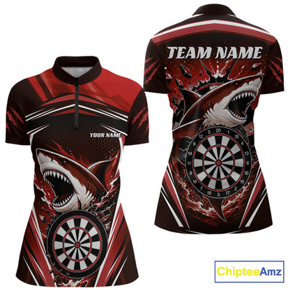 Front and back views of a darts short-sleeve quarter zip shirt with a shark and dartboard graphic print in red, black, and white. 