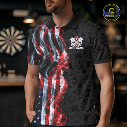 Custom Patriotic American Flag Smoke Flame Dart Team Men Polo Shirt, US Dart Jersey IPHW12107