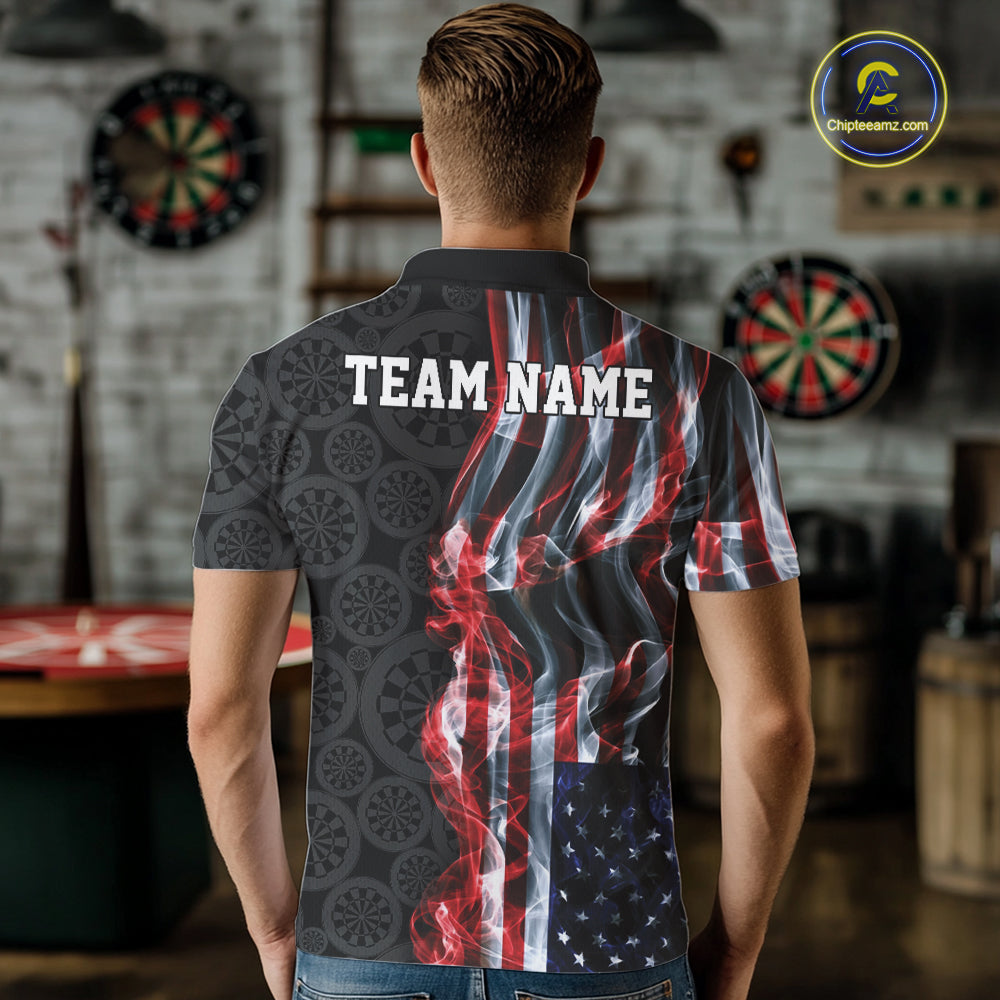 Custom Patriotic American Flag Smoke Flame Dart Team Men Polo Shirt, US Dart Jersey IPHW12107