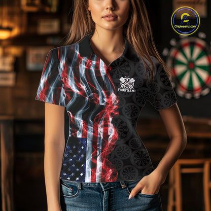 Custom Patriotic American Flag Smoke Flame Dart Team Women Polo Shirt, US Dart Jersey IPHW12107