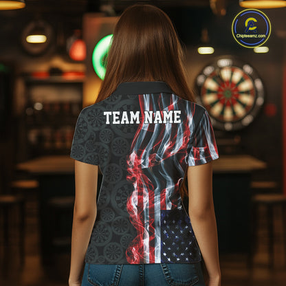 Custom Patriotic American Flag Smoke Flame Dart Team Women Polo Shirt, US Dart Jersey IPHW12107