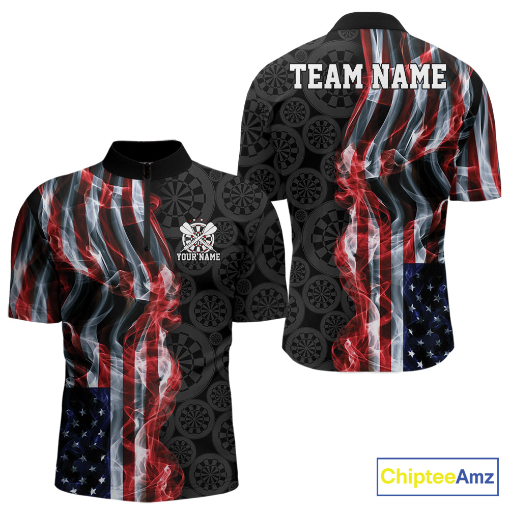 Custom Patriotic American Flag Smoke Flame Dart Team Men Quarter Zip Shirt, US Dart Jersey IPHW12107