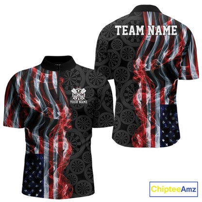 Custom Patriotic American Flag Smoke Flame Dart Team Men Quarter Zip Shirt, US Dart Jersey IPHW12107