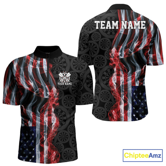 Custom Patriotic American Flag Smoke Flame Dart Team Men Quarter Zip Shirt, US Dart Jersey IPHW12107