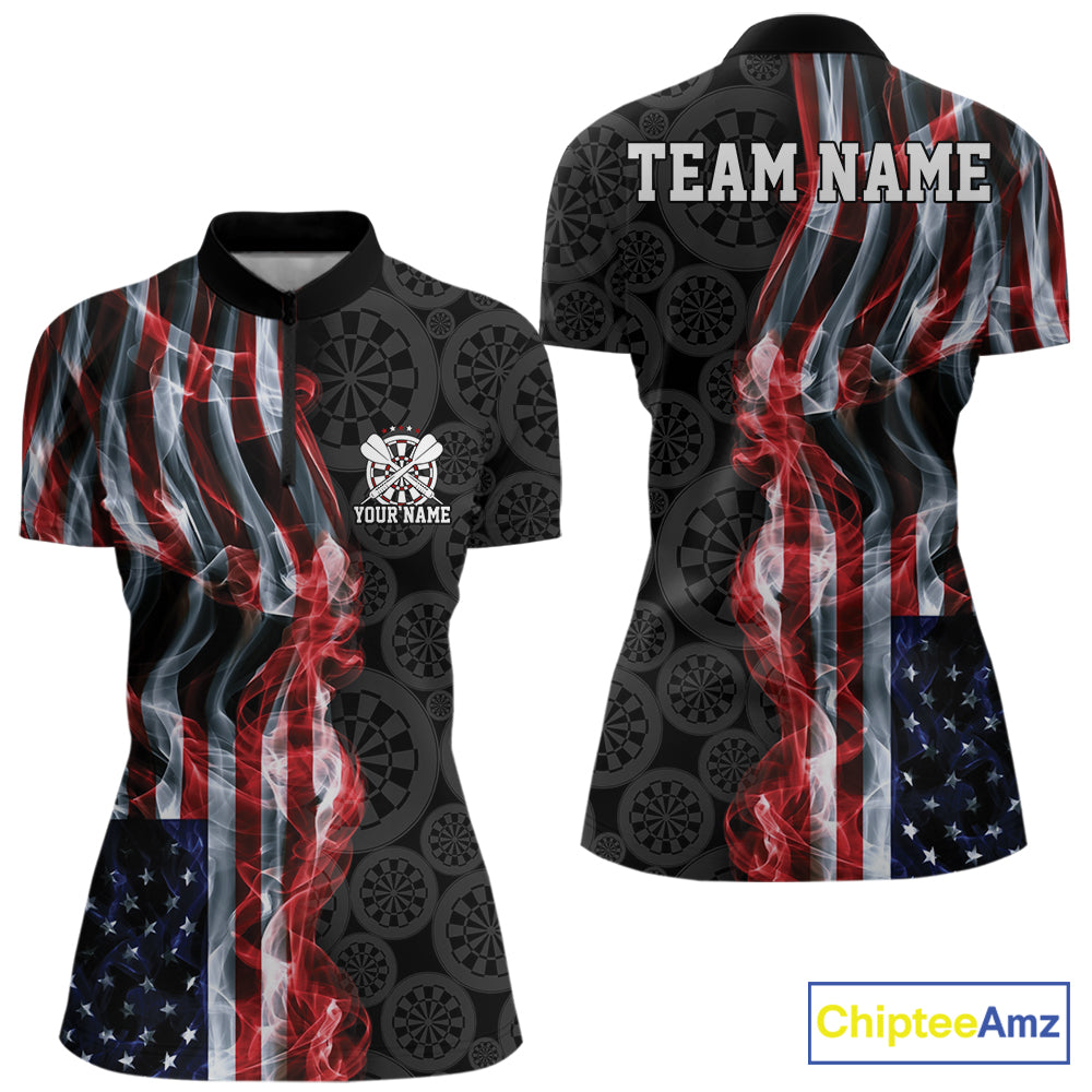 Custom Patriotic American Flag Smoke Flame Dart Women Quarter-Zip Shirt, US Dart Jersey IPHW12107