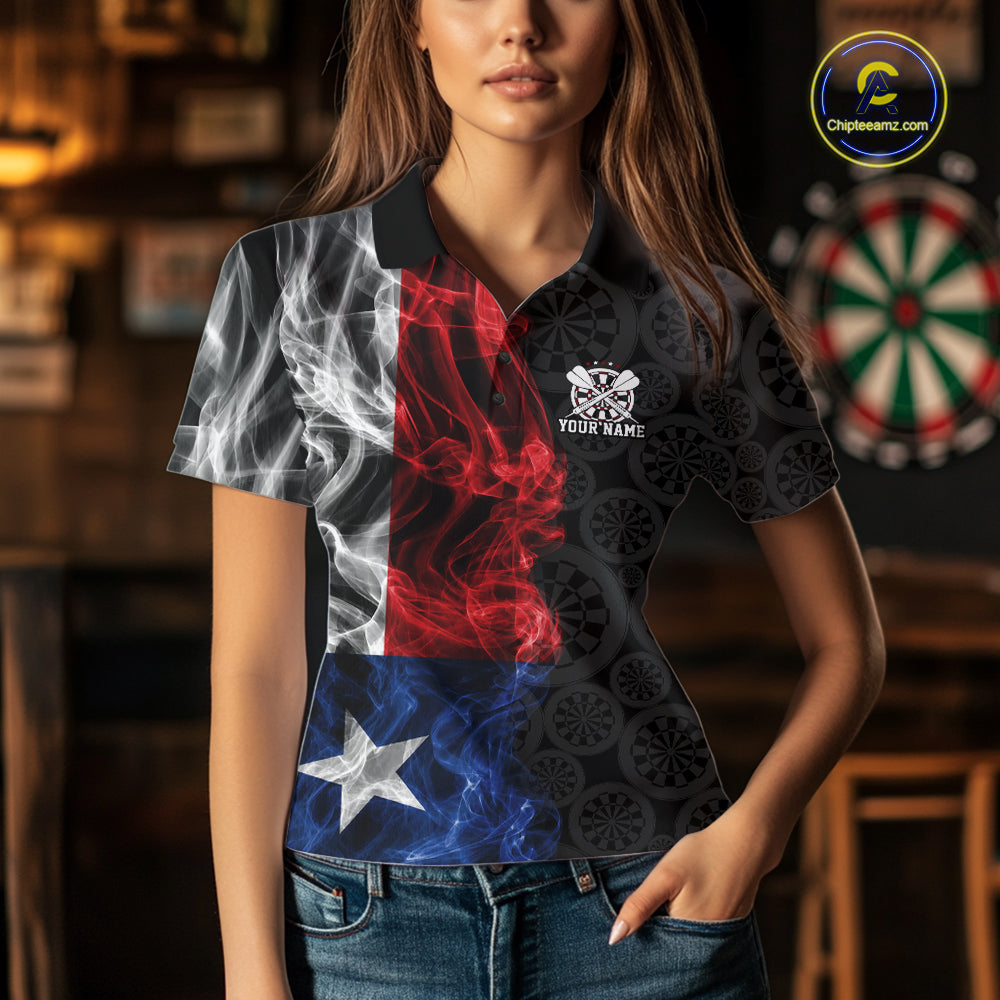 Custom Patriotic Texas State Flag Smoke Flame Dart Team Women Polo Shirt, Dart Jersey IPHW12108
