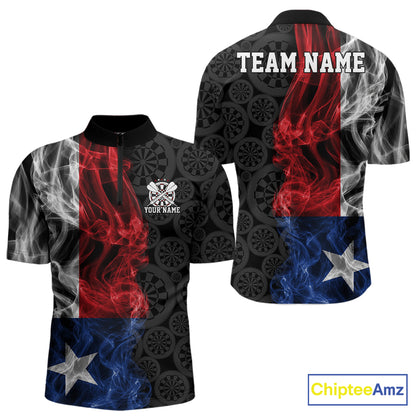 Custom Patriotic Texas State Flag Smoke Flame Dart Team Men Quarter Zip Shirt, Dart Jersey IPHW12108