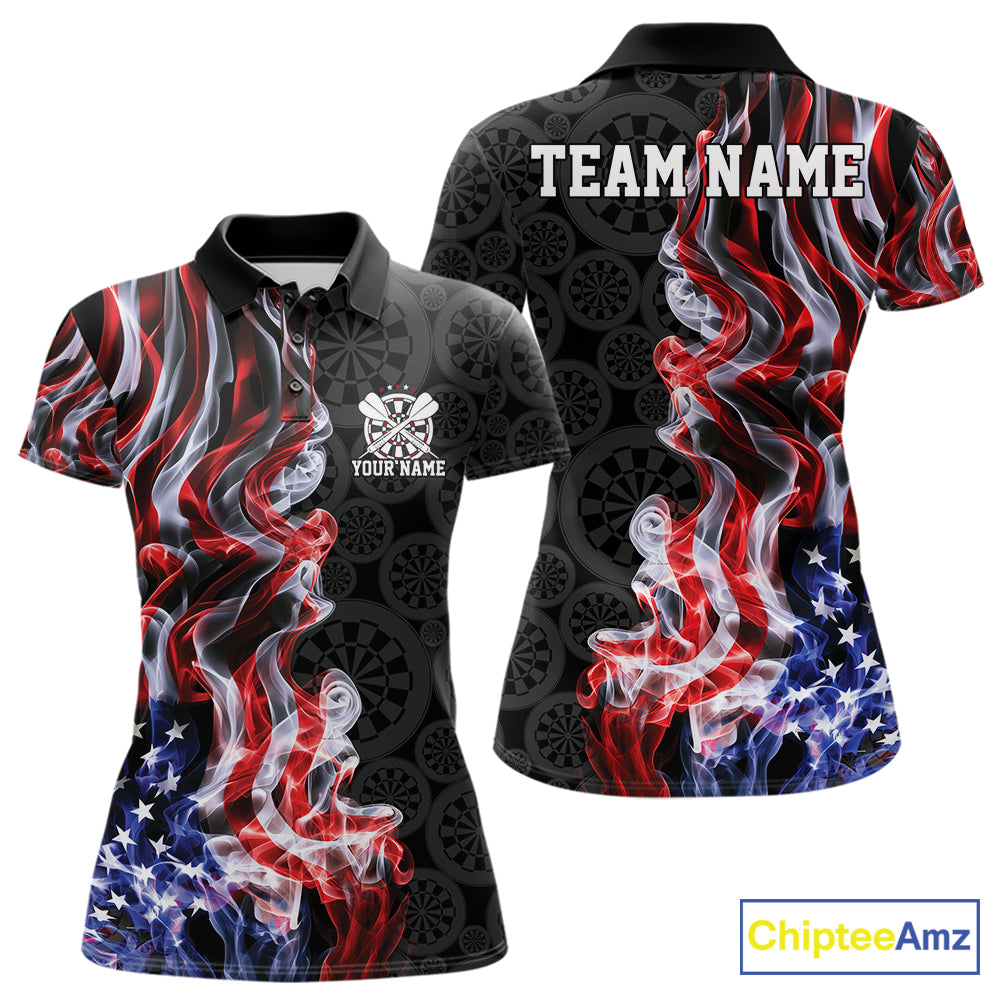 Custom Patriotic American Flag Smoke Flame Dart Team Polo Shirt For Women IPHW12111