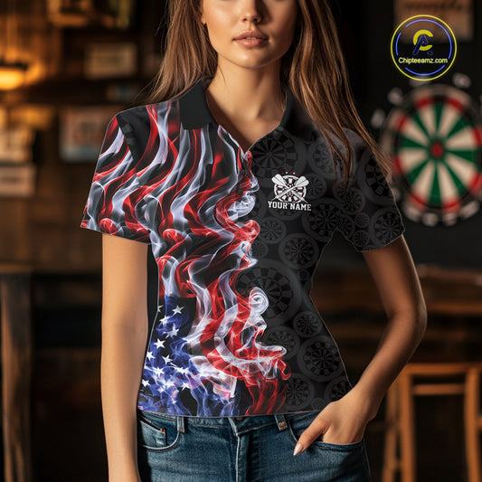 Custom Patriotic American Flag Smoke Flame Dart Team Polo Shirt For Women IPHW12111