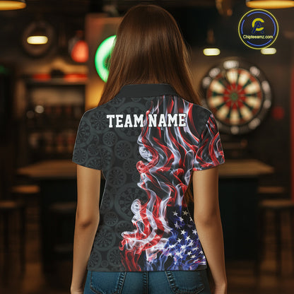 Custom Patriotic American Flag Smoke Flame Dart Team Polo Shirt For Women IPHW12111