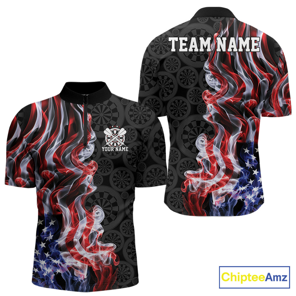 Custom Patriotic American Flag Smoke Flame Dart Team Quarter Zip Shirt For Men IPHW12111