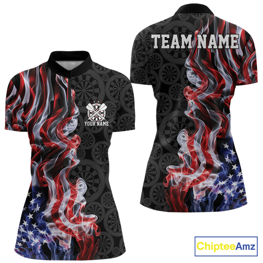 Custom Patriotic American Flag Smoke Flame Dart Team Quarter-Zip Shirt For Women IPHW12111