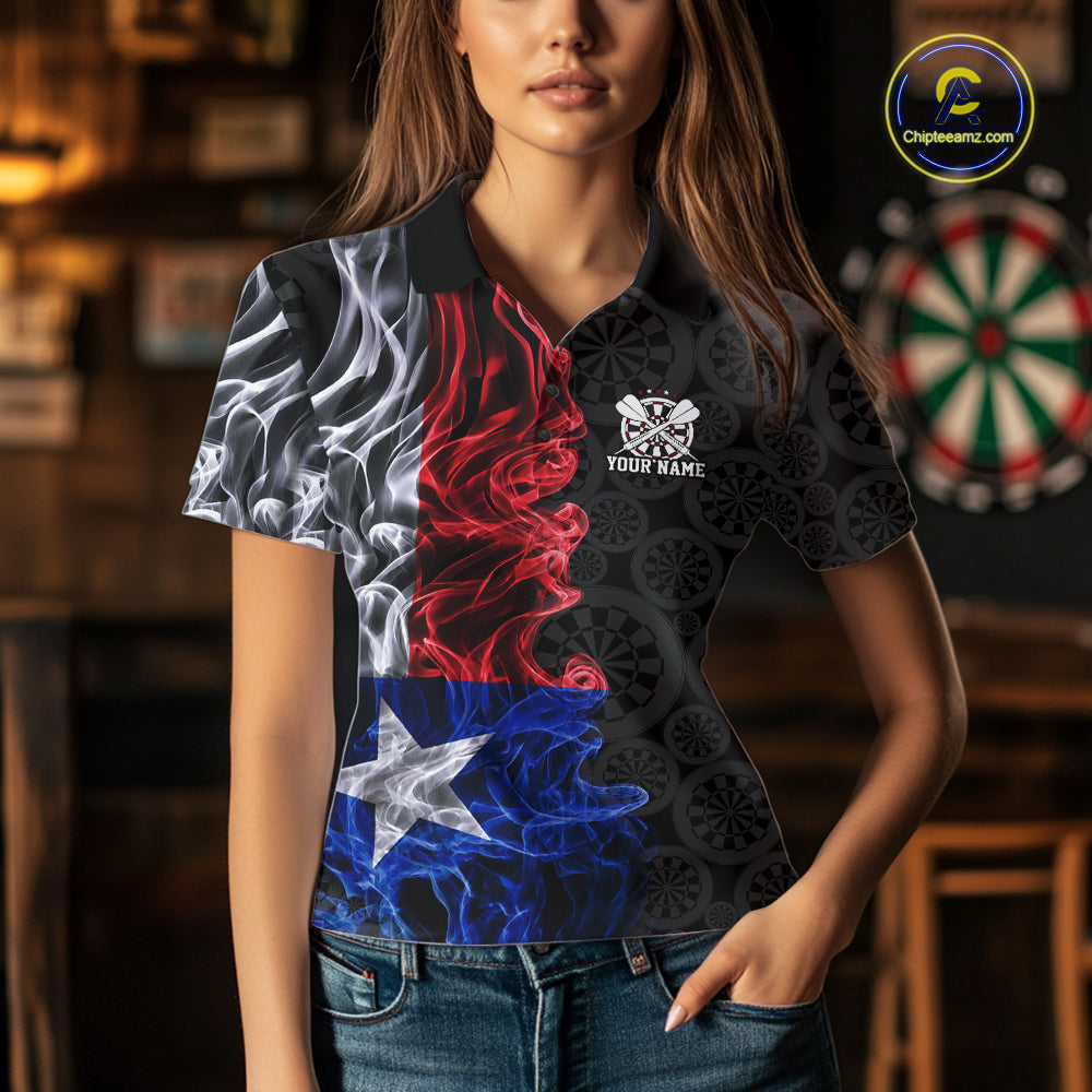 Custom Patriotic Texas State Flag Smoke Flame Dart Team Polo Shirt For Women IPHW12112