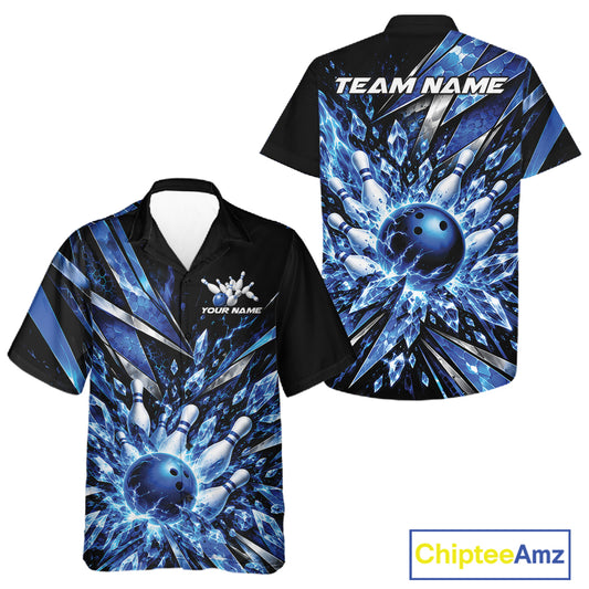 Custom Blue Icy Crystal Bowling Men And Women Button Up Shirt, Ice Bowling Team Jersey Bowler Outfit IPHW12392