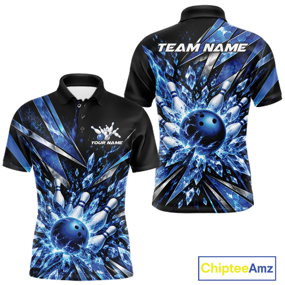 Custom Blue Icy Crystal Bowling Men Polo Shirt, Ice Bowling Team Jersey Bowler Outfit IPHW12392