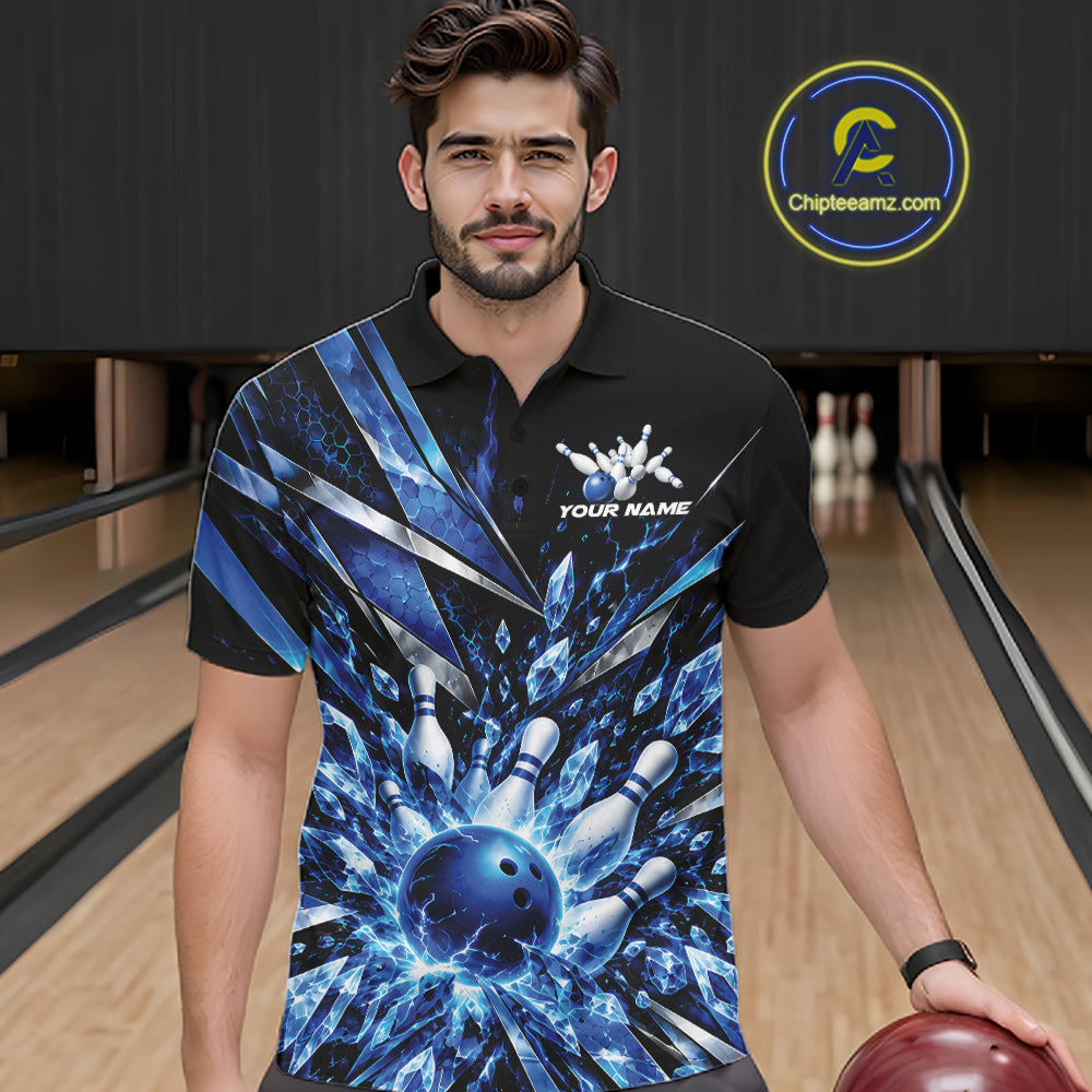 Custom Blue Icy Crystal Bowling Men Polo Shirt, Ice Bowling Team Jersey Bowler Outfit IPHW12392