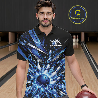 Custom Blue Icy Crystal Bowling Men Polo Shirt, Ice Bowling Team Jersey Bowler Outfit IPHW12392