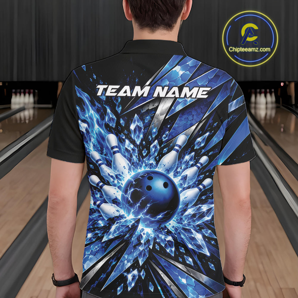 Custom Blue Icy Crystal Bowling Men Polo Shirt, Ice Bowling Team Jersey Bowler Outfit IPHW12392