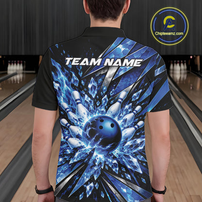 Custom Blue Icy Crystal Bowling Men Polo Shirt, Ice Bowling Team Jersey Bowler Outfit IPHW12392