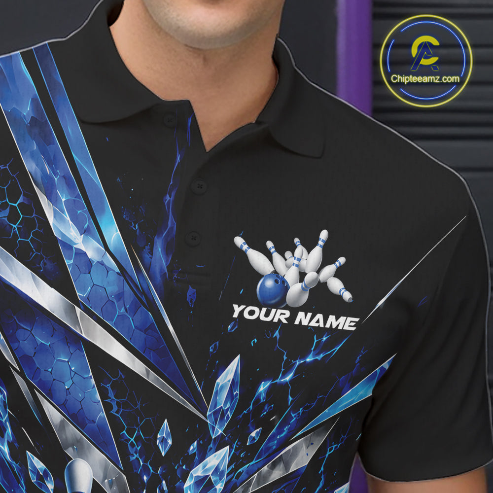 Custom Blue Icy Crystal Bowling Men Polo Shirt, Ice Bowling Team Jersey Bowler Outfit IPHW12392