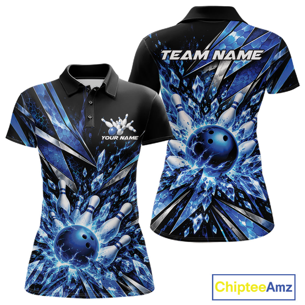 Custom Blue Icy Crystal Bowling Women Polo Shirt, Ice Bowling Team Jersey Bowler Outfit IPHW12392