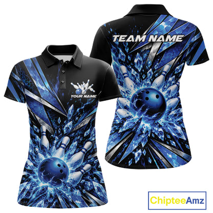 Custom Blue Icy Crystal Bowling Women Polo Shirt, Ice Bowling Team Jersey Bowler Outfit IPHW12392