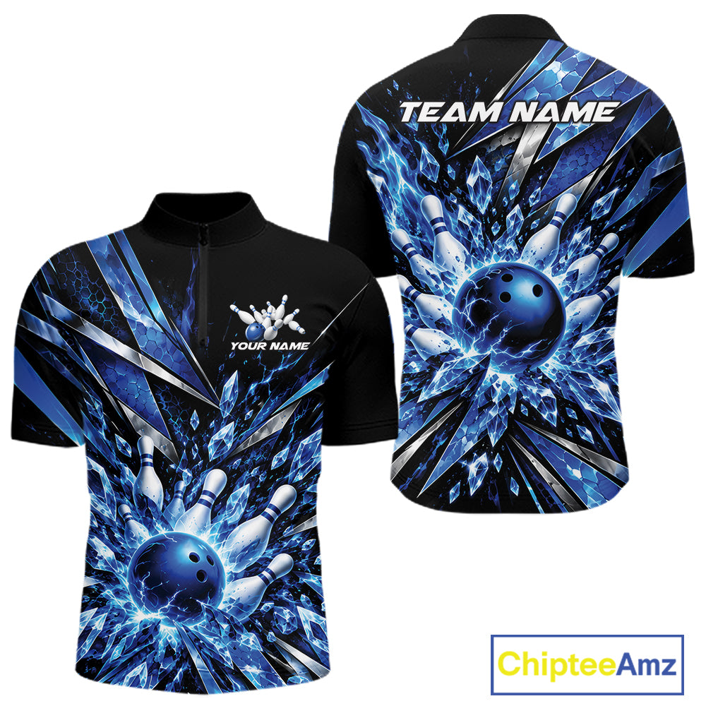 Custom Blue Icy Crystal Bowling Men Quarter Zip Shirt, Ice Bowling Team Jersey Bowler Outfit IPHW12392