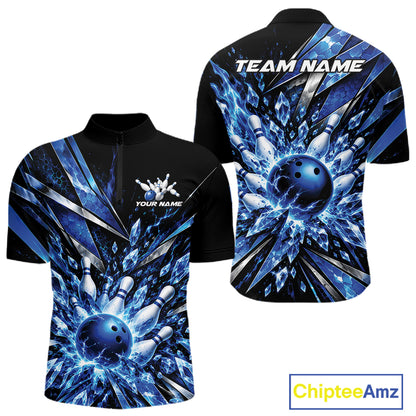Custom Blue Icy Crystal Bowling Men Quarter Zip Shirt, Ice Bowling Team Jersey Bowler Outfit IPHW12392