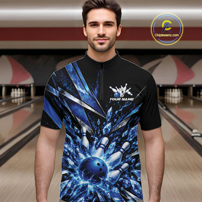 Custom Blue Icy Crystal Bowling Men Quarter Zip Shirt, Ice Bowling Team Jersey Bowler Outfit IPHW12392