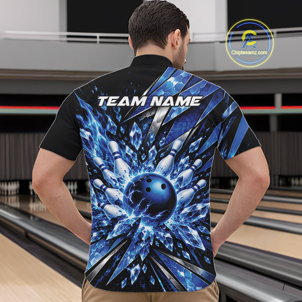 Custom Blue Icy Crystal Bowling Men Quarter Zip Shirt, Ice Bowling Team Jersey Bowler Outfit IPHW12392