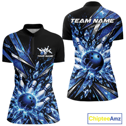 Custom Blue Icy Crystal Bowling Women Shirt, Ice Bowling Team Jersey Bowler Outfit IPHW12392