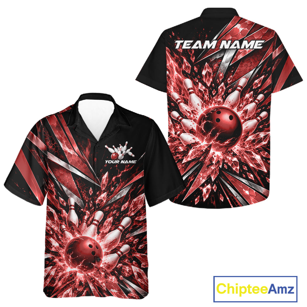Custom Red Icy Crystal Bowling Men And Women Button Up Shirt, Ice Bowling Team Jersey Bowler Outfit IPHW12393
