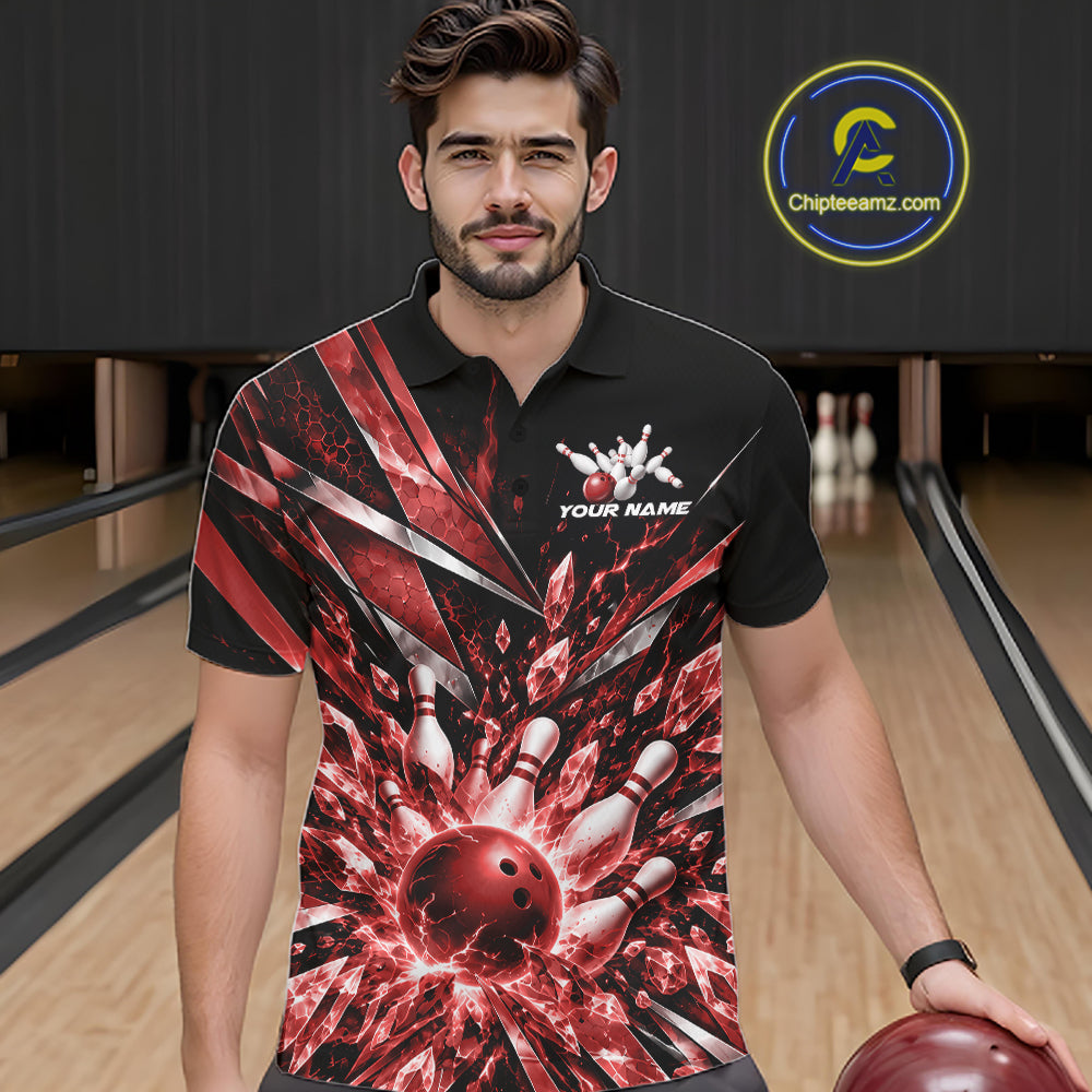 Custom Red Icy Crystal Bowling Men Polo Shirt, Ice Bowling Team Jersey Bowler Outfit IPHW12393