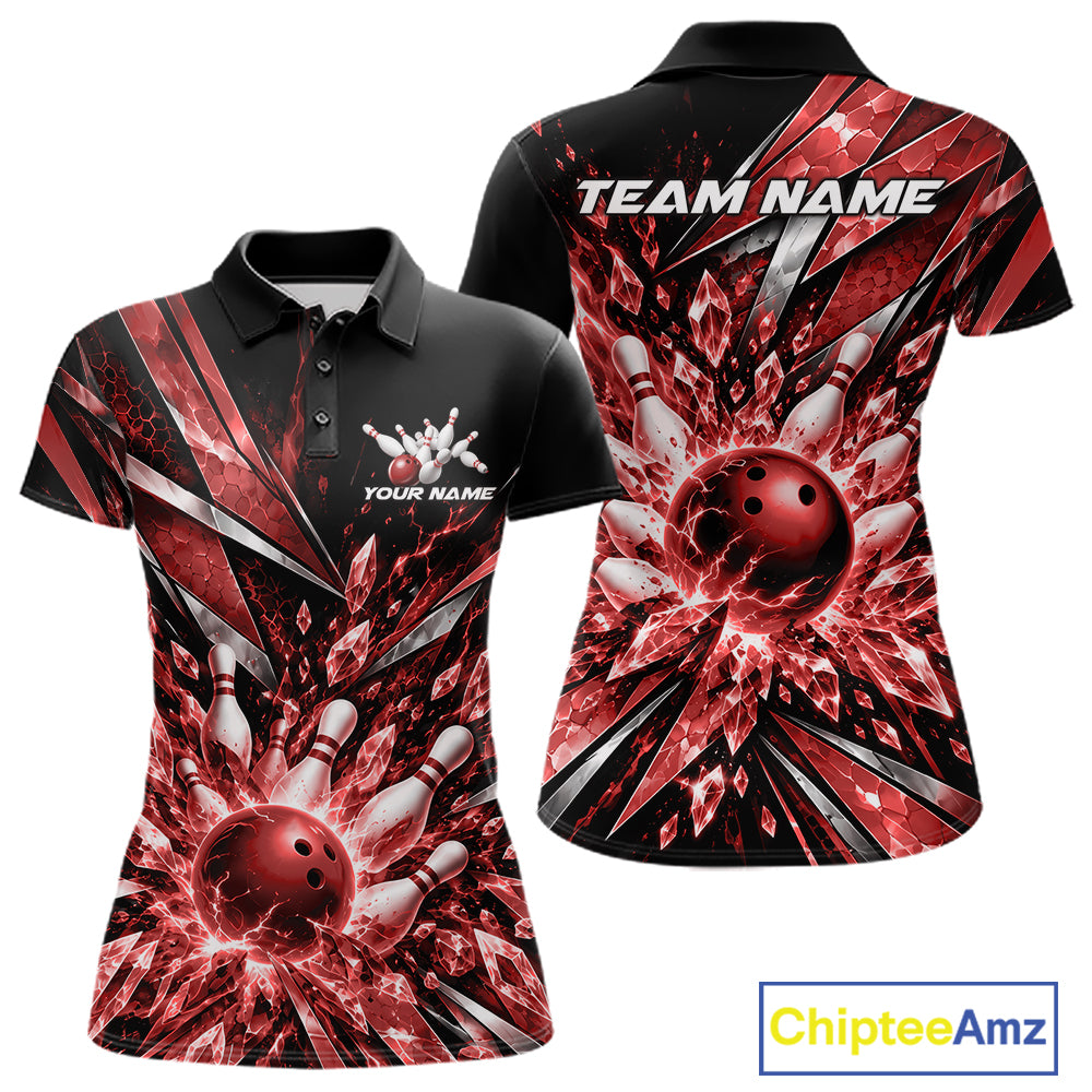 Custom Red Icy Crystal Bowling Women Polo Shirt, Ice Bowling Team Jersey Bowler Outfit IPHW12393