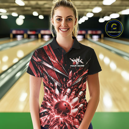 Custom Red Icy Crystal Bowling Women Polo Shirt, Ice Bowling Team Jersey Bowler Outfit IPHW12393