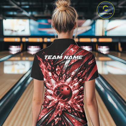 Custom Red Icy Crystal Bowling Women Polo Shirt, Ice Bowling Team Jersey Bowler Outfit IPHW12393
