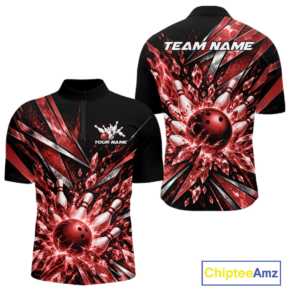 Custom Red Icy Crystal Bowling Men Quarter Zip Shirt, Ice Bowling Team Jersey Bowler Outfit IPHW12393