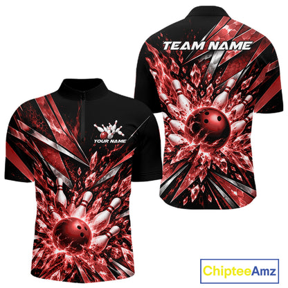 Custom Red Icy Crystal Bowling Men Quarter Zip Shirt, Ice Bowling Team Jersey Bowler Outfit IPHW12393