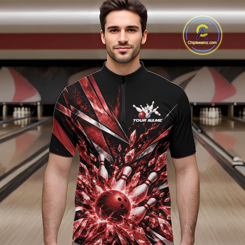 Custom Red Icy Crystal Bowling Men Quarter Zip Shirt, Ice Bowling Team Jersey Bowler Outfit IPHW12393